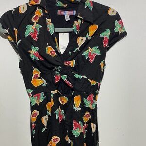 Urban Outfitters Women's Black Fruit Print Collared Twist Mini Dress Sz XS NWT